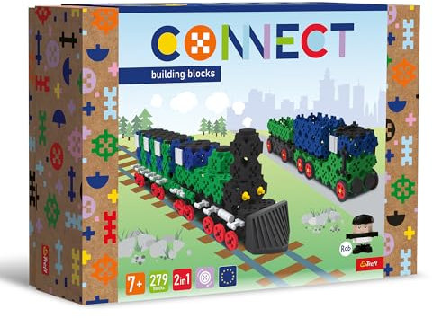 Connect Trefl Bausteine Set 2in1, Zug/LKW mit Anhänger - 279 Elemente: 274 Bausteine + Figur 5 Bausteine, Kreatives Spielzeug für Erwachsene und Kinder ab 7 Jahren