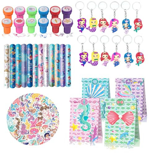 Yhjxly Set di 98 regalini a forma di sirena, festa di compleanno per bambini, regalo per gli ospiti, sacchetto regalo, braccialetto portachiavi, set di adesivi per ragazze, compleanno e feste
