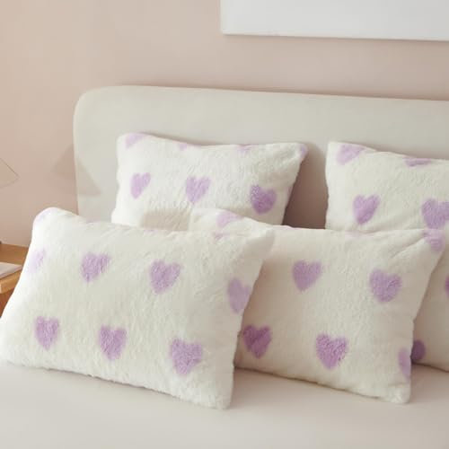 Freyamy Plüsch Kissenbezug 40x80cm 2er Set Violett Weiß Herz Liebe Kunstpelz Flauschig Kopfkissenbezug Flanell Fleece Samt Biber Kissenhülle Warme Cashmere Touch Zierkissenbezug
