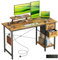 DOMSHOCT Computer Desk with Drawers & Power Outlets, 120*50cm Home Office Desk with Monitor Stand, Gaming Table with Reversible Storage Shelf & Hook, Small PC Workstation for Study Work Write, Brown