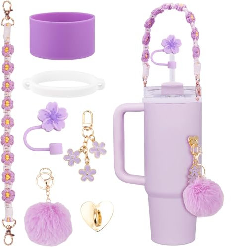 Stanley Cup Accessories Set, 7PCS Stanley Cup Decor Includes Stanley Straw Cover, Water Bottle Handle Strap, Silicone Stanley Cup Boot, Stanley Charms for Stanley Cup 40oz & 30 oz Tumbler (Purple)
