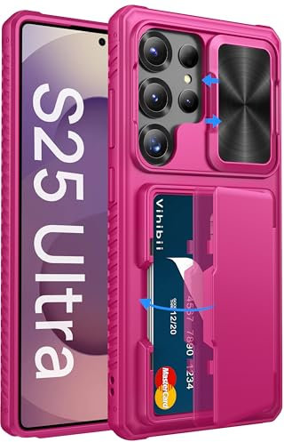 Vihibii pour Coque Galaxy S25 Ultra avec Fentes pour Cartes [RFID Blocking], Protection Cache Objectif, TPU Militaire Robuste Coque Antidérapant Wallet Housse pour Samsung S25 Ultra 6,9, Rose Néon