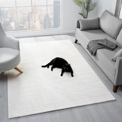 VIMODA Teppich Wohnzimmer Teppich Schlafzimmer, Flur, küche Kurzflor Boho Design Unifarbe Hoch-Tief-Effekt Modern 3D Weich, Farbe:Creme, Maße:80x150 cm