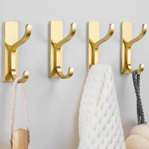 pickpiff Klebewandhaken – Belastbarer Wandhaken bis 6 kg, Rostfreier Metall-Kleiderhaken, Selbstklebender Kleiderbügel Ohne Bohren, Für Handtücher, Küche, Bad, Tür, Gold, 4 Stück