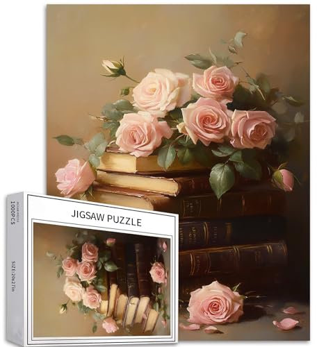 Vintage Books Casse-tête de 1000 pièces pour adultes - Scène de rose rose - Puzzle coloré à faire soi-même pour la décoration de la maison, cadeaux, puzzle familial parfait pour les soirées de jeu,