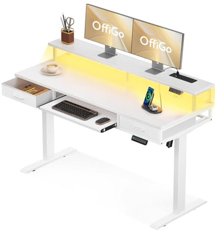 OffiGo Standing Desk with Drawers, 140cm Electric Height Adjustable Desk with Keyboard Tray, Computer Table with Monitor Stand, OfficeTable with Sockets and LED Light, White