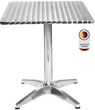 Hochwertiger Bistrotisch aus Aluminium, Eckiger Aluminiumtisch Wetterfest für Garten, Balkon und Terrassen – T60xB60xH72cm / Pflegeleichter Gartentisch mit Standfüßen – Silber glänzend Tischplatte