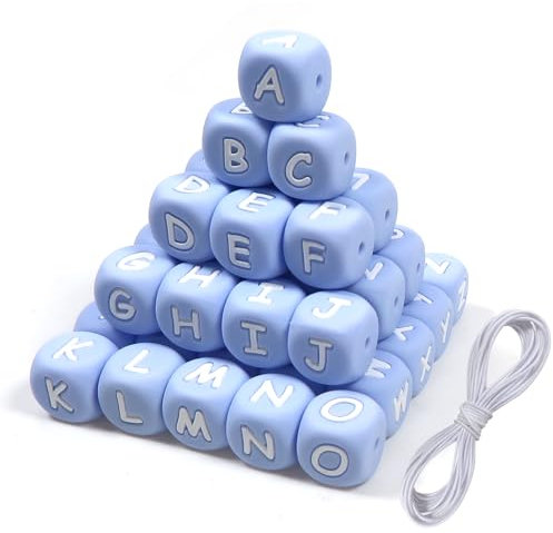TOAOB 52 Pieces Silicone Letter Beads for Bracelets 12 mm Blue and White Cube Large Alphabet Beads and 2M Thread for Necklaces Jewellery DIY Phone Chains Keychain