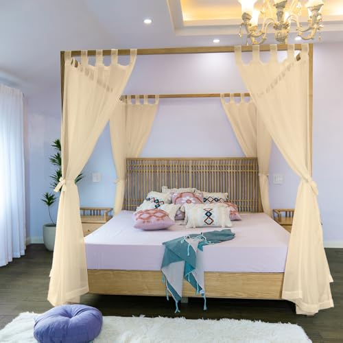 Linentalks Betthimmel-Vorhänge für King-Size-Bett, Queen-Size-Bett, Doppelbett, 4 Eckbett-Vordächer und Vorhänge, 4 Poster-Betthimmel-Vorhänge, durchsichtige Vorhänge für Betthimmel, Champagner
