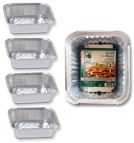 CasaChic Boîte en aluminium rectangulaire sans couvercle 1 portion, 4 pièces – jetable pour cuisson et emporter (15 x 11 x 4 cm)