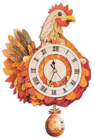 Lilcubics 3D Wooden Model Kits for Adults to Build, Retro Hen Wall Clock with Swinging, Mechanical Clock Kits Gifts for Adults, Vintage Home Decor