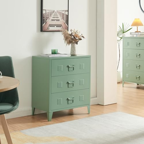 [en.casa] Kommode Hämeenlinna Metallschrank mit 3 Schubladen Mehrzweckschrank Stahl Wohnzimmer Büro Industrial Aktenschrank 60 x 40 x 72 cm Mattgrün