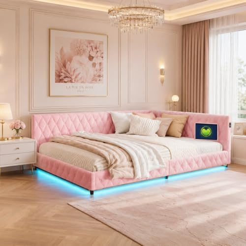 CXHLXYR Lit Double Rembourré 140x200,Lit Enfant Fille 140x200cm avec éclairage LED et Port USB, LIt Capitonné avec Sommier à Lattes Lits Banquette 2 Places pour Adultes et Adolescents (Rose, 140x200)