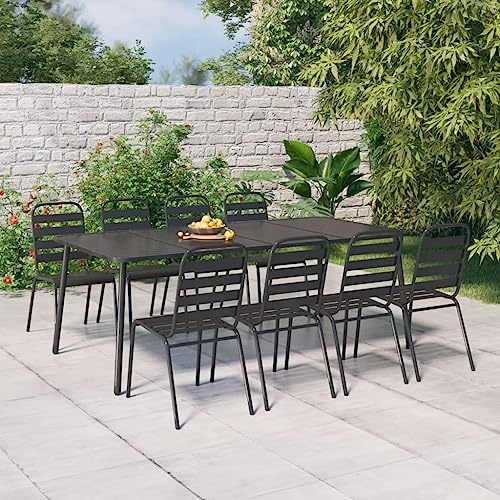 Teenpull 9-TLG. Garten-Essgruppe Anthrazit Stahl, modern, robust, 200x100 cm Esstisch & 8 Stapelstühle für Terrasse, Balkon, Outdoor-Möbel Set
