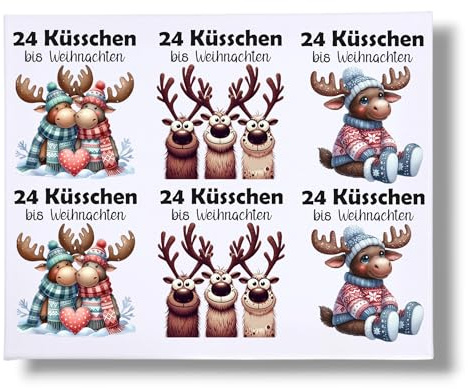 RUB-ON-Sticker Glas, 24 KÜSSCHEN; Adventskalender to go, Sprüche, Weihnachten, Wichtel, Elch, Rentier, DIN A4, randlose Rubons-Sticker, Rubon Aufkleber (Bogen gemischt)