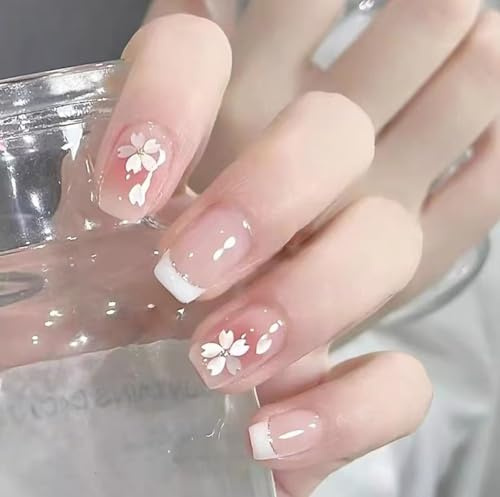 24 Stück Press-On Nägel Kurz Eckig – Rosa Blau French Tips | Full Cover Kunstnägel mit Klebepads | Sommer Look | Künstliche Fingernägel für Damen & Mädchen (Rosa A532)