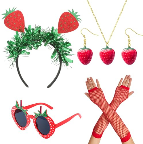 IWTBNOA Erdbeer Kostüm Damen, Obst Kostüm Erdbeer Set mit Kreativer Haarreif Erdbeer, Brille, Rot Handschuhe, Ohrringe, Halskette, Faschingskostüm Damen Accessoires für Karneval Mottoparty Fasching