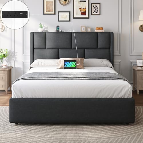 Brinlawb Double Ottoman Bed Frame with Hydraulic Storage, Upholstered Double Bed Frame with Adjustable Headboard and Power Strip, 135x190 cm Platform Bed Frame with Ample Under-Bed Storage Space, Grey
