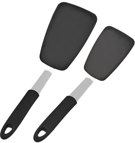 VELAJA Spatola in Silicone per Cucina 2 Pezzi, Set di Palette da Cucina Flessibili con Anima in Acciaio per Padelle Antiaderenti, Resistente al Calore 230°C per Frittate, Bistecche, Pancake (Nero)