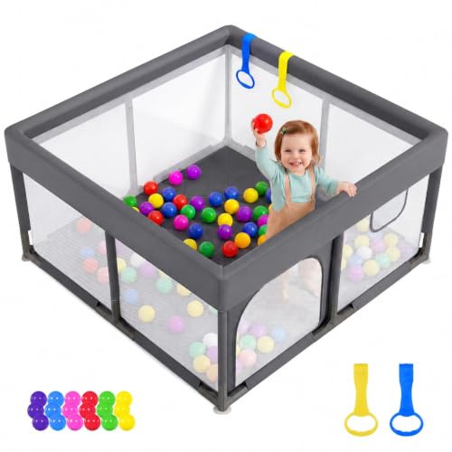 Dripex Laufstall Baby mit Matte, Laufgitter Baby 124×124cm, Dunkelgrau | Integrierte Matte, Rundum-Polsterung, 360° atmungsaktives Sichtnetz, Saugnäpfe, 210D Oxford, 2 Greifringe & Bälle
