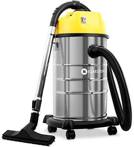 Klarstein IVC-3 - Aspirapolvere Industriale, 1400 W, Protezione IP X4, Contenitore Acciaio Inox 3 Litri, Sistema Soffietto, Base in Plastica, Argento/Giallo