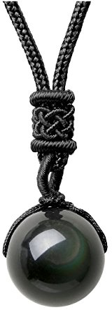 Jovivi Mens 16mm Natural Black Obsidian Rainbow Eyes Stone Lucky Blessing Beads Pendant Necklace with Adjustable Braided Rope Cord For Men Jewellery Gifts