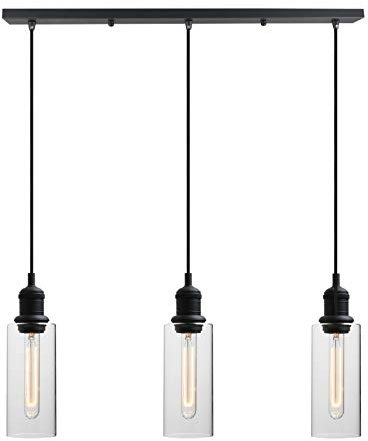 Yosoan Industrial Vintage Chandelier Loft Bar Black 3 Way Pendant Light Fittings Clear Glass Shade, Hanging Ceiling Decorative 3 Lights for Kitchen Island Dining Room Living Room (Black)