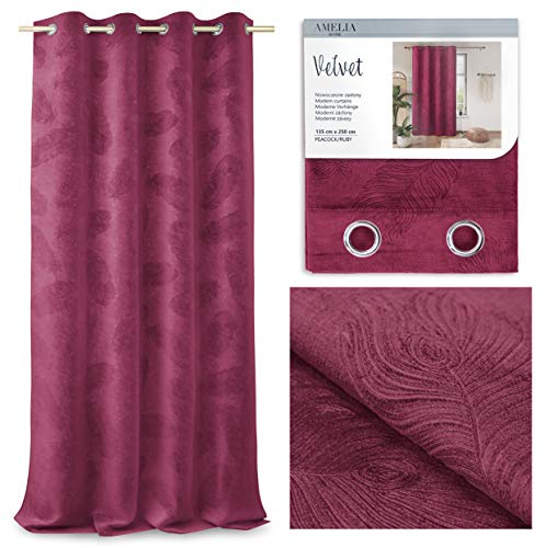 AmeliaHome Vorhang Gemustert Velvet Optik 135x250 cm 1 St. Ösenschal Dekoschal Pfauenfeder Muster Peacock Weinrot