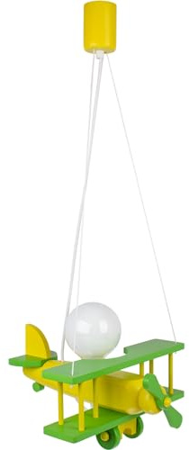 HELLUX Kinderzimmer Lampe Decke aus Holz | Deckenleuchten für Kinder | Kinderlampe Decke 70x29x32cm für Babyzimmer | Flugzeug Lampe E27 ohne Leuchtmittel (Grün/Gelb)
