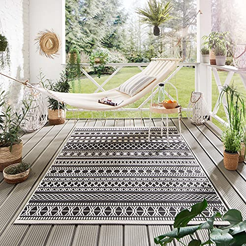 Steffensmeier Indoor Outdoor Teppich Nyland wasserfest Kunststoff Balkon Garten Flur, strapazierfähig und pflegeleicht, Streifen Schwarz, Größe: 200x2