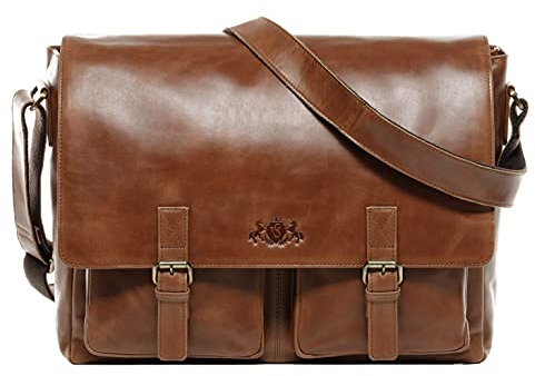 SID & VAIN große Lehrertasche echt Leder - 15.4 Zoll Laptoptasche Uni-Tasche Sergeant XL - Aktentasche College Herrentasche mit Laptop-Fach - Ledertasche Herren braun handgefertigt