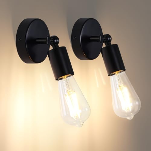 TYhogar 2 Stück Vintage Wandleuchte Schwenkbar, E27 Industrial Wandlampe, 180° Einstellbar Metall Innen Retro Wandleuchte für Wohnzimmer Treppe Flur Schlafzimmer, Schwarz (Ohne Glühbirne)