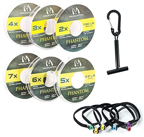 MAXIMUMCATCH Fly Fishing Tippet Line (3X, 4X, 5X, 6X) with Tippet Holder & Spool Tender, Clear, 50m/55Yds, 4PCS (6 Pieces with Holder/50M, 2X+3X+4X+5X+6X+7X)