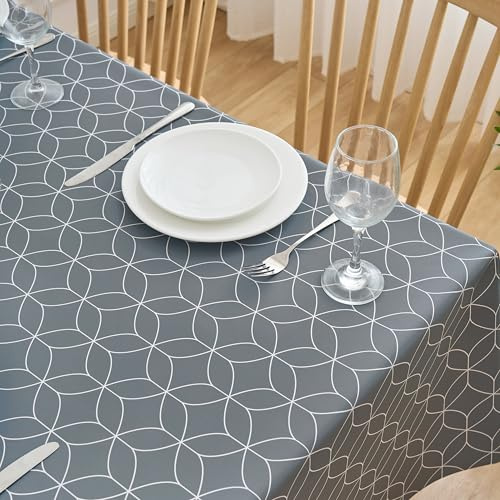 Dehaus® Wipe Clean Table Cloth - Grey Geo Flow - Wipeable PVC Oilcloth Table Cover - Round Plastic Vinyl Tablecloth - Water Resistant & Easy Clean - Kitchen or Dining Protector (150cm Round)