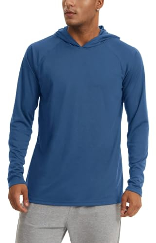 KEFITEVD Camiseta de manga larga para hombre con protección solar UPF 50+, con capucha y orificio para el pulgar, secado rápido, para pesca y senderismo, azul/gris, M