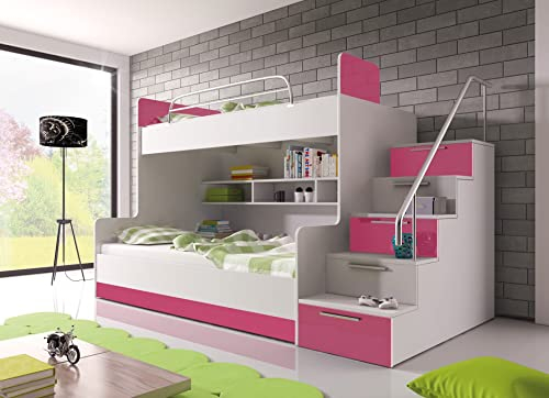 Generisch Etagenbett TOMI 2 Halbhochbett mit Treppe inklusive Stauraum Doppelstockbett Hochglanz Kinderbett Hochbett Tomi Schubfächer + Rahmen (Rechts, Weiß/Rosa)