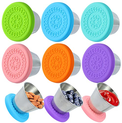 MLRYH 6Pcs Récipient Vinaigrette avec Couvercles en Silicone, 70ml Petit Récipient à Sauce en Acier Inoxydable, Boîte Alimentaire Dressing to Go Anti-fuite,Réutilisables,Sans BPA,Multicolore.