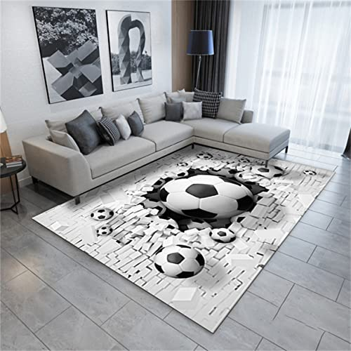 Xisnuient Football Bedroom Living Room Kids Rug - 3D Pattern, Green Field, Washable, Large Gaming Mat, Flannel, Grey, 100x120 cm