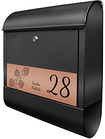 banjado® Briefkasten personalisiert mit graviertem Namensschild in Kupfer/Briefkasten schwarz 39x47x14cm / Briefkasten mit Hausnummer, Namen & Motiv Laub/Briefkasten mit Zeitungsfach