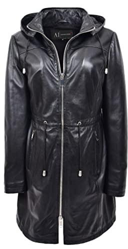 A1 FASHION GOODS Luna Womens Real Leather 3/4 Long Black Trench Jacket with Detachable Hood Duffle Coat