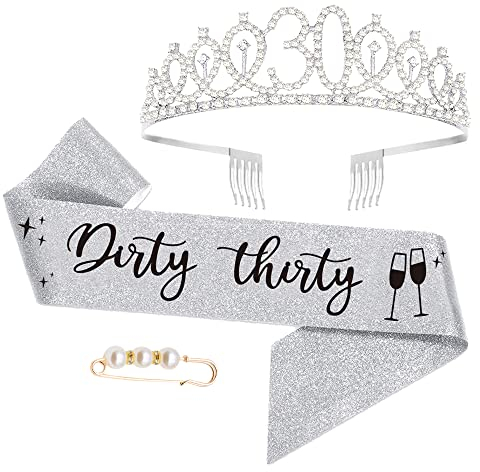 Dirty Thirty 30. geburtstagskrone, Geburtstags-Krone Schärpe Set, 30 Geburtstag Deko für Frauen alles Gute zum 30. Geburtstagsgeschenk, Partyzubehör, Dekorationen (Silber)