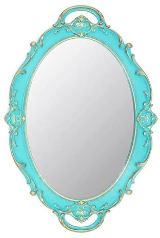 Eaoundm 37 x 25 cm Oval Antique Decorative Wall Mirror Vintage Hanging Mirror (Blue)
