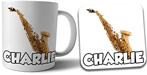 Tasse und Untersetzer, personalisierbar, Saxophon-Set