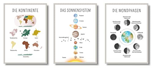 EQUIK PRODUCTS Lernposter, Kinderposter | Kinderzimmer Deko | Für Kinder im Grundschule | Montessori Lernmaterial | 3er Poster Set (Kontinente, Sonnensystem, Mondphasen, A3)
