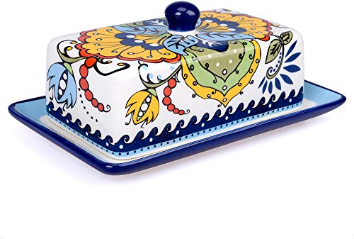 INCETUE butterdose Porzellan Handbemalt Vintage, Butterglocke Keramik bunt für 250g Butter mit Deckel mit Griff,deko Käseglocke 22 * 13 * 12cm