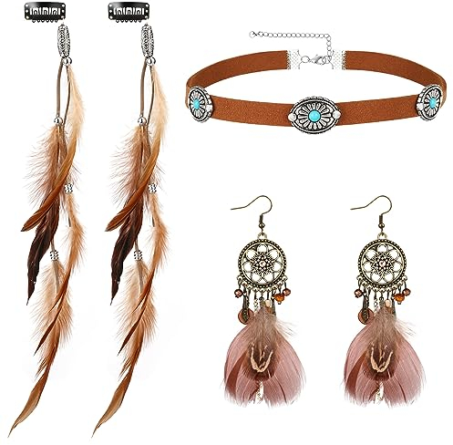 MWOOT Feder Haarschmuck Clip, Indianer Feder Haarverlängerungen Damen, Retro Drop Leder Choker Halskette, Traumfänger-Ohrringe, Boho Stammes-Schmuck Set für Frauen Karneval Cosplay Tribal Kostüm Party