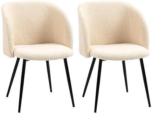 HOMCOM Lot de 2 chaises de Salle à Manger Chaise de Cuisine en Tissu Effet Laine boucleé Chaise de Salon avec Pieds en Acier - 55 x 62 x 80 cm Beige Noir
