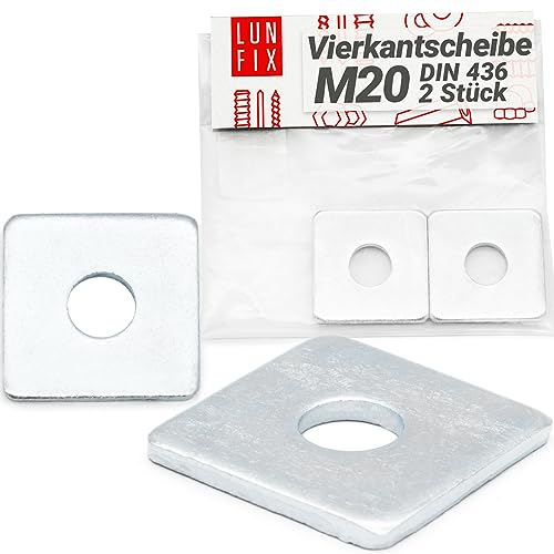 Lun Fix Quadratische Unterlegscheibe M20 60x60x5,0mm - DIN 436|2 Stck.|Vierkantscheibe verzinkter Stahl, Flache Vierkantscheiben für Bolzen Gewindestangen,Rechteckige Unterlegscheiben mit Rundem Loch