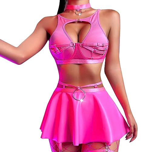 ABAFIP Frauen Rave Outfits Metallic Mini Rock Cutout Crop BH Top Choker Strappy Festival Dancewear Set, Rose, S