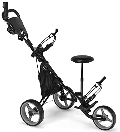 GYMAX Golf Push Pull Cart, Lightweight 3 Wheels Golf Trolley with Storage Bag, Foot Brake, Adjustable Umbrella Holder, Padded Seat and 4 Height Position Handle, Foldable Golf Bag Holder